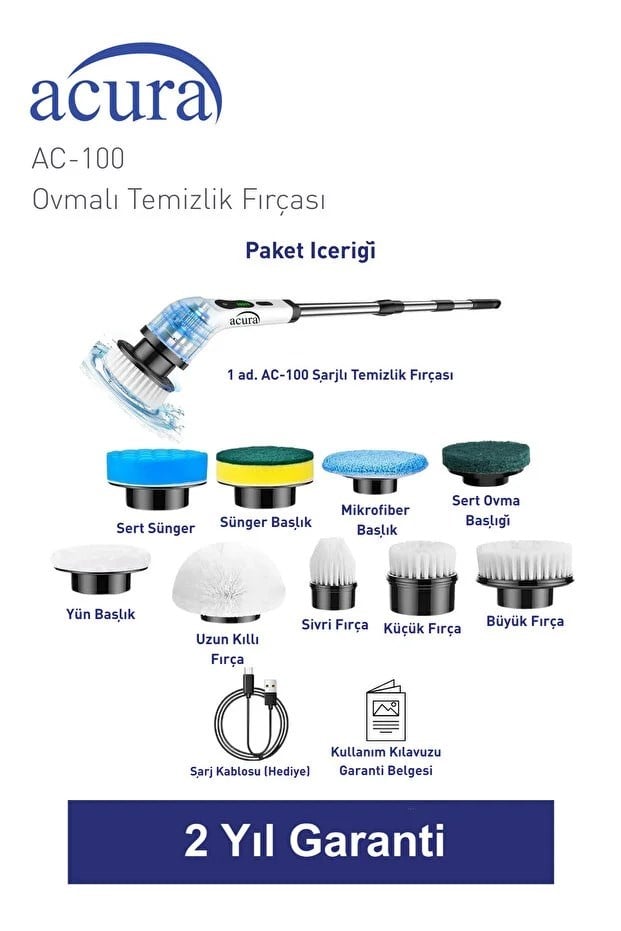 Acura AC-100 SpinScrubber 9 Başlıklı Şarjlı Temizlik Fırçası