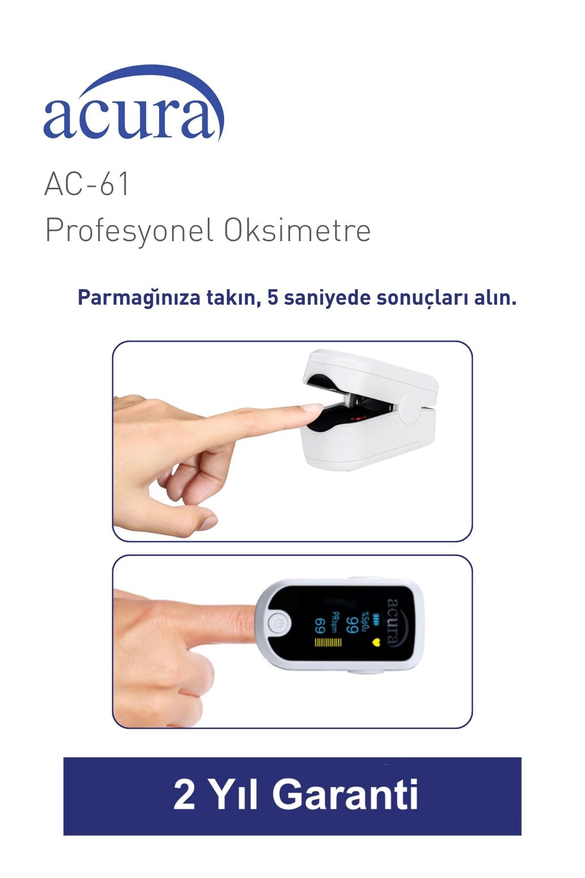 Acura AC-61 ÜTS Kayıtlı, OLED Ekranlı Profesyonel Pulse Oksimetre