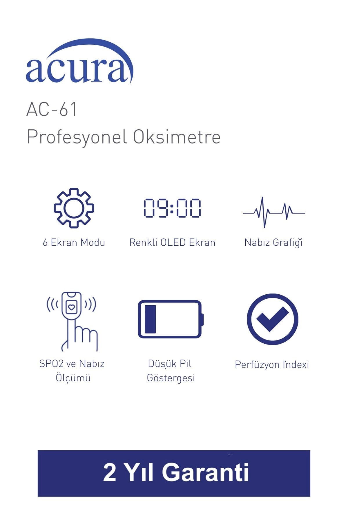 Acura AC-61 ÜTS Kayıtlı, OLED Ekranlı Profesyonel Pulse Oksimetre