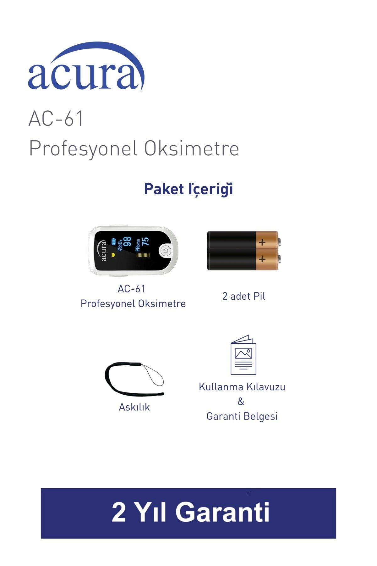 Acura AC-61 ÜTS Kayıtlı, OLED Ekranlı Profesyonel Pulse Oksimetre