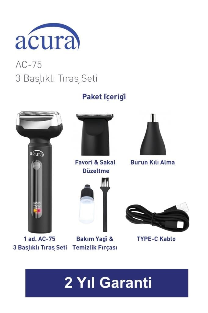 Acura AC-75 3 Başlıklı Metal Gövdeli Tıraş Seti