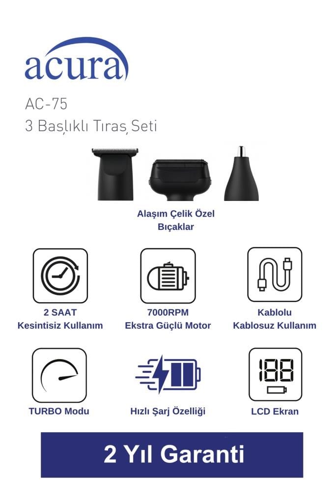 Acura AC-75 3 Başlıklı Metal Gövdeli Tıraş Seti