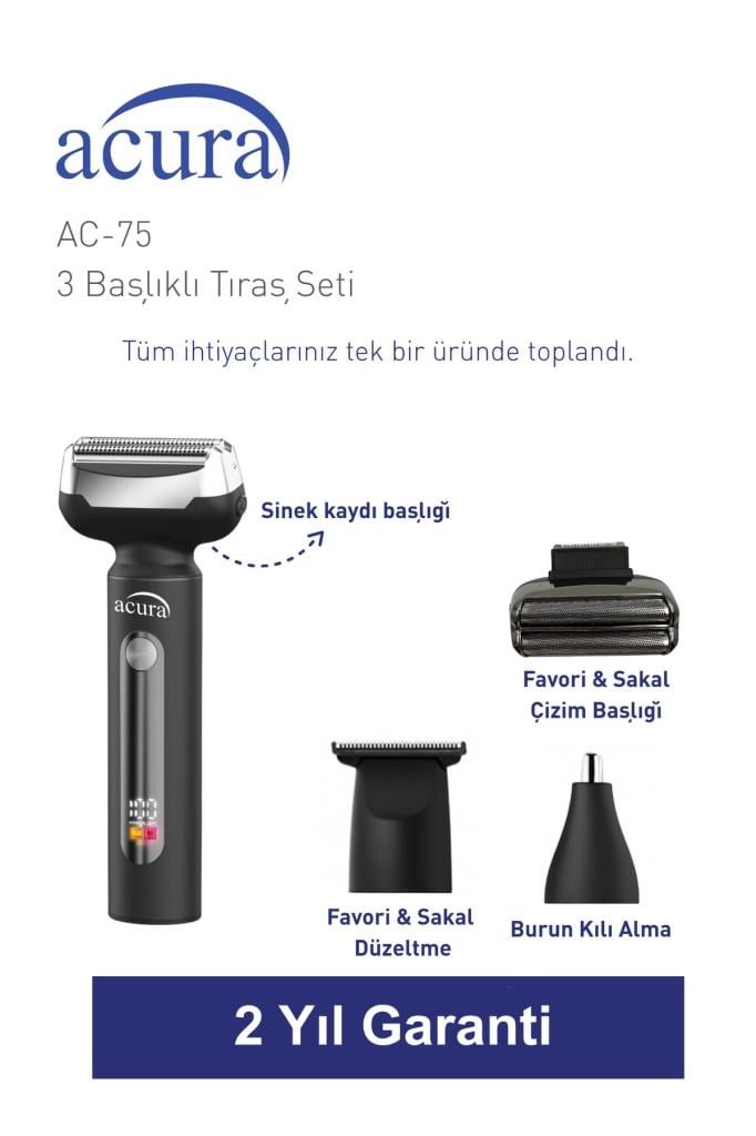 Acura AC-75 3 Başlıklı Metal Gövdeli Tıraş Seti