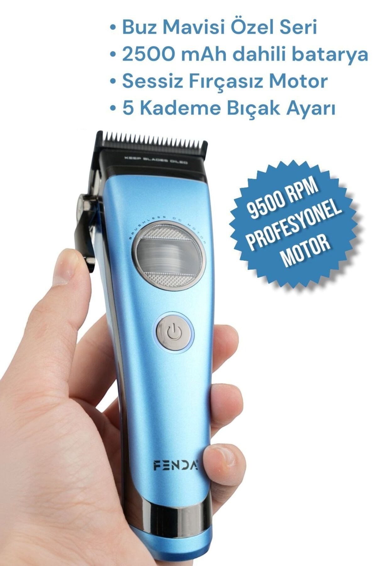 Fenda Profesyonel Saç Sakal Kesme Tıraş Makinesi Sessiz Güçlü Motor Şarjlı 9500RPM Devir Buz Mavisi