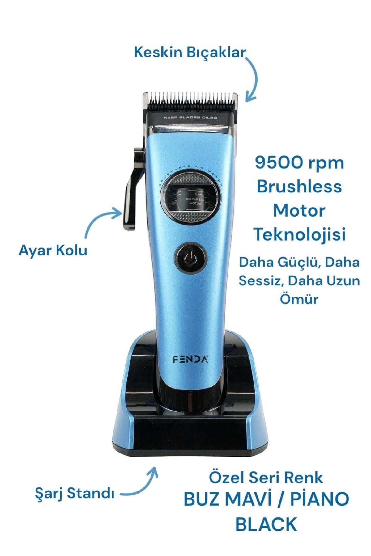 Fenda Profesyonel Saç Sakal Kesme Tıraş Makinesi Sessiz Güçlü Motor Şarjlı 9500RPM Devir Buz Mavisi
