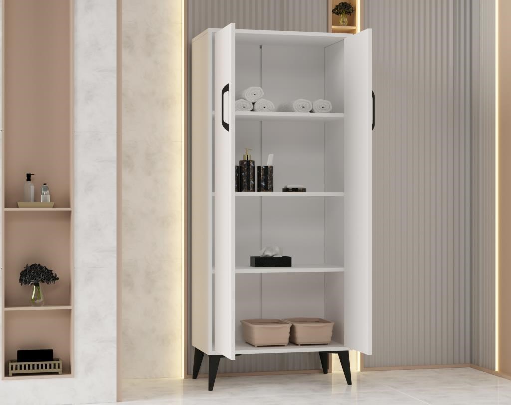 Flano Beyaz  Çok Amaçlı Dolap İki Kapaklı Dört Raflı Mutfak,Banyo,Hol,Balkon,Ofis,Ayakkabılık 