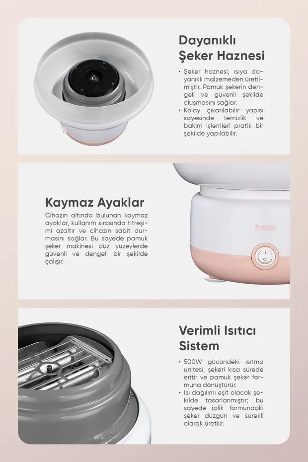 Fressi Çelik Hazneli 500W Pamuk Şeker Makinesi FR-PM01 CottoFun Pembe