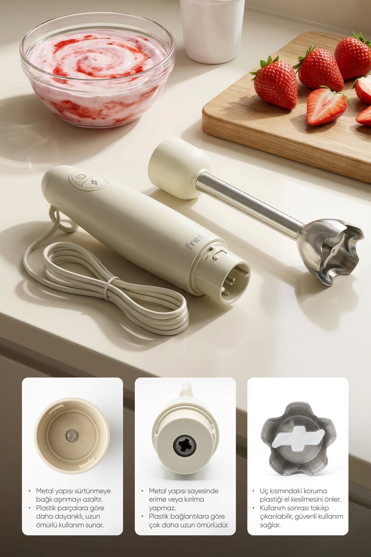 Fressi Çubuk El Blender Paslanmaz Çelik Bıçaklı Turbo 1000W Krem FR-HB271 Melina