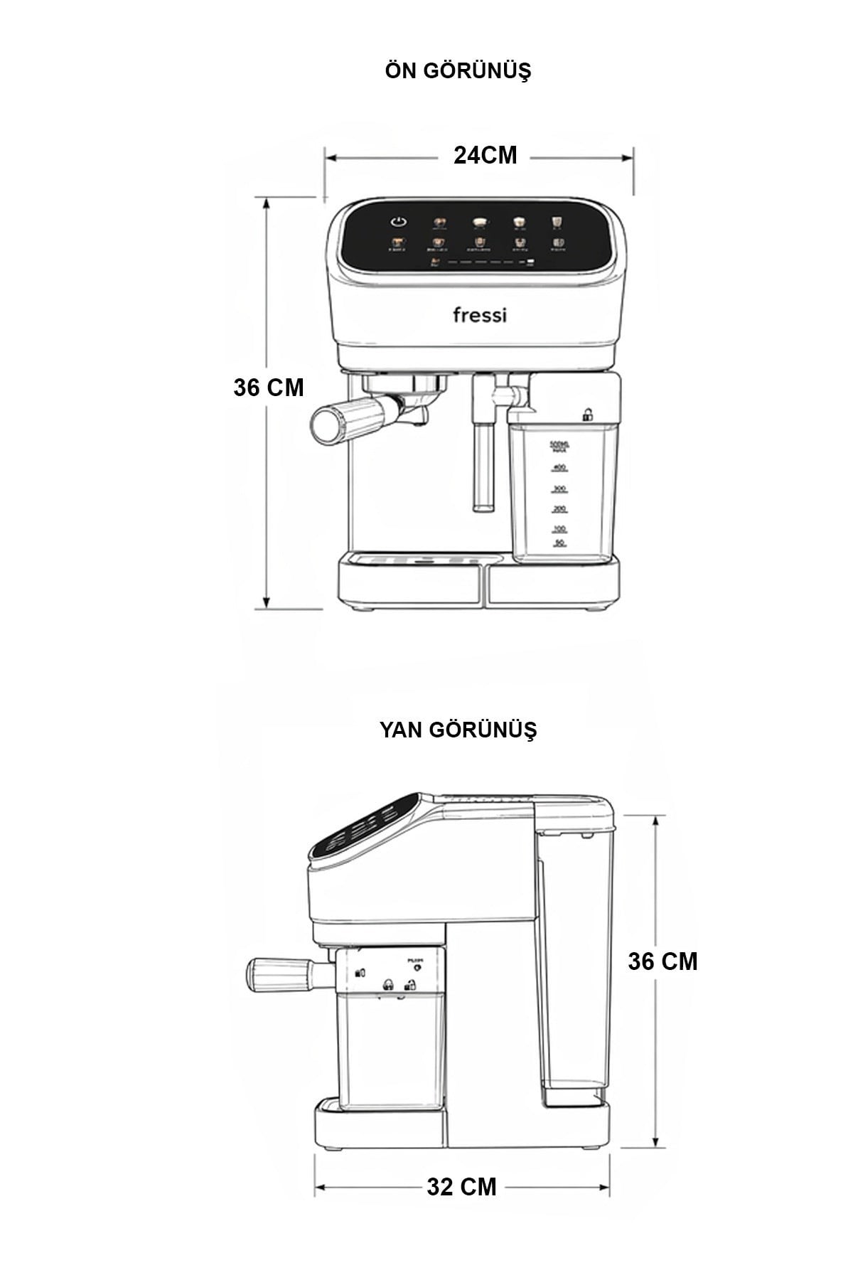 Fressi Espresso Latte Cappuccino Kahve Makinesi Otomatik Süt Tanklı 20bar Basınçlı Krem(4506)