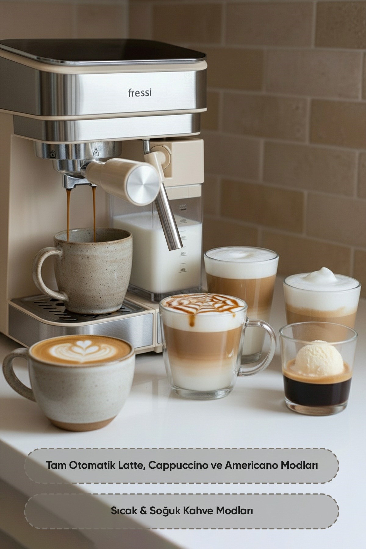 Fressi Espresso Latte Cappuccino Kahve Makinesi Otomatik Süt Tanklı 20bar Basınçlı Krem(4506)