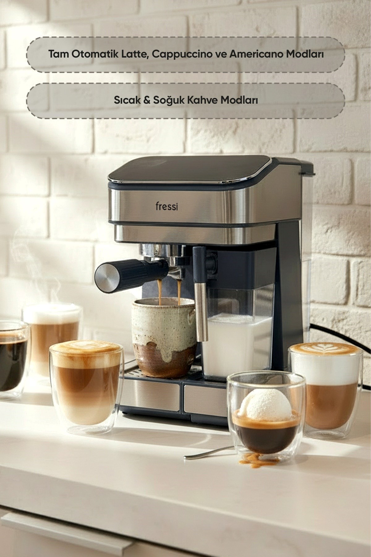 Fressi Espresso Latte Cappuccino Kahve Makinesi Otomatik Süt Tanklı 20bar Basınçlı (4507) 