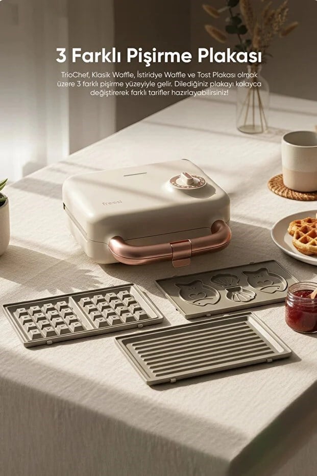 Fressi Tost Ve Waffle Makinesi Çıkarabilir Yapışmaz Plakalı 3 Ayrı Plaka Krem