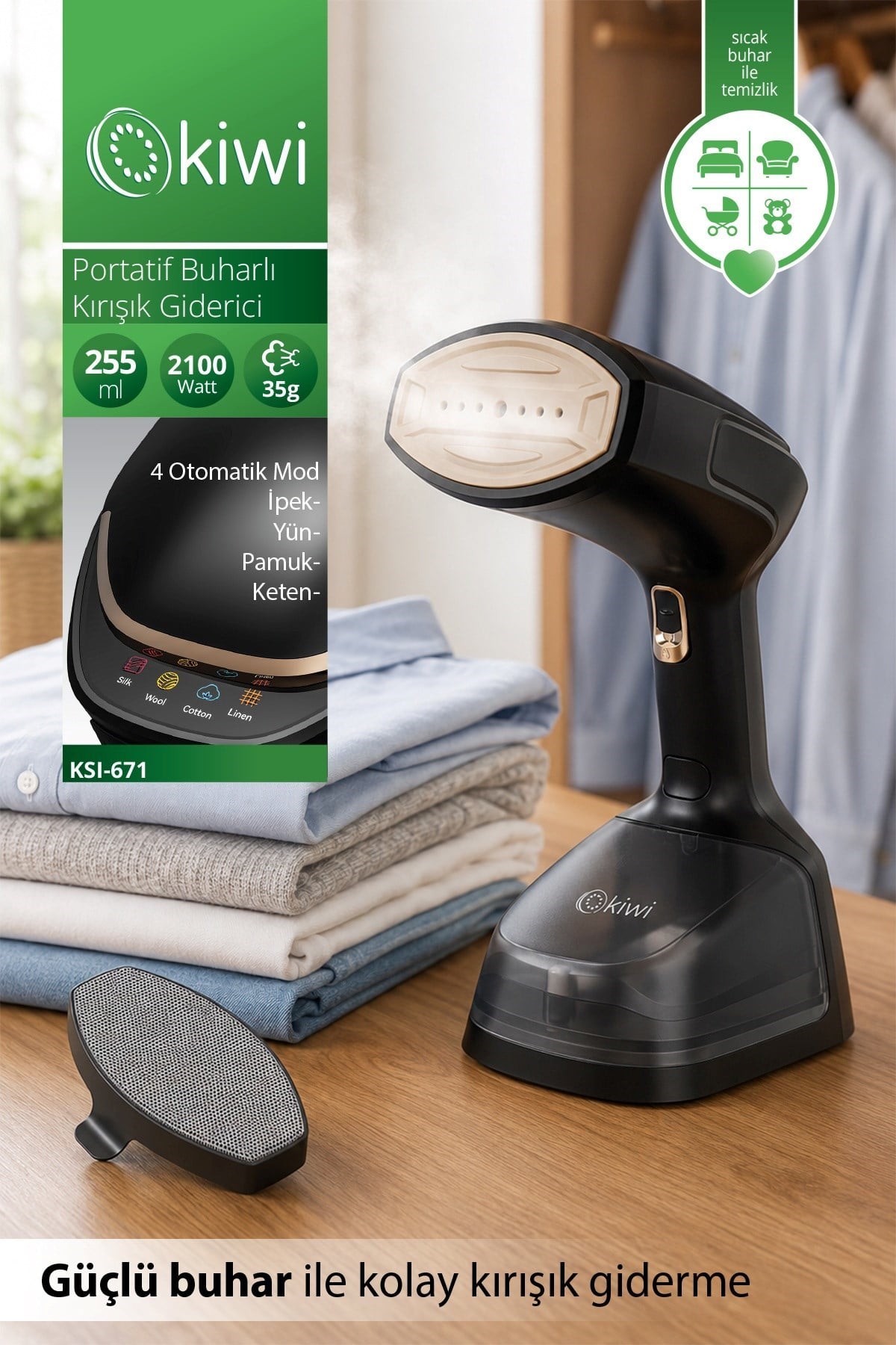 Kiwi KSI-671 Portatif Buharlı Kırışık Giderici 15 Saniyede Hızlı Isınma 4 Buhar Seviyesi 255 ml