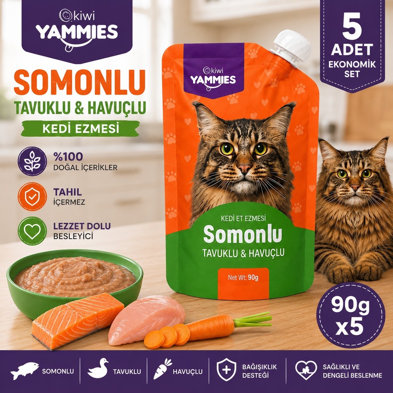 Kiwi Pets Kycc-50371 Yammies Somonlu Tavuklu Havuçlu Kedi Ezmesi 90 Gr*5 Adet