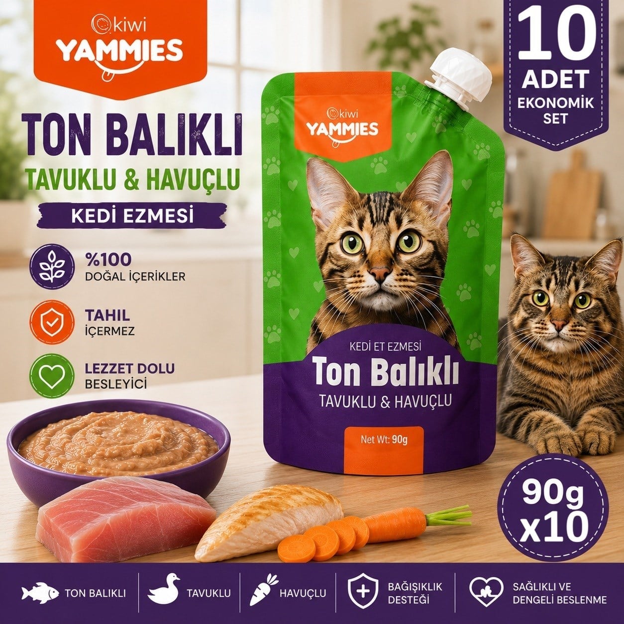 Kiwi Pets Kycc-50372 Yammies Ton Balıklı  Tavuklu Havuçlu Kedi Ezmesi 90 Gr*5 Adet