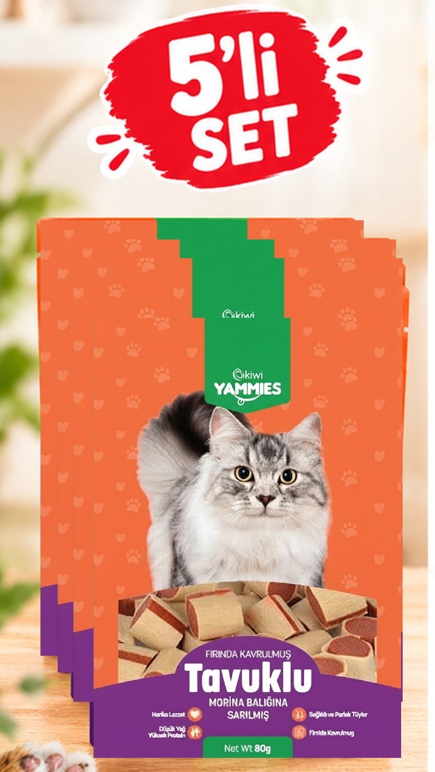 Kiwi Pets Kyct-50354 Yammies Tavuklu Morina Balığına Sarılmış Kedi Ödül Maması  80gr 5Lİ SET