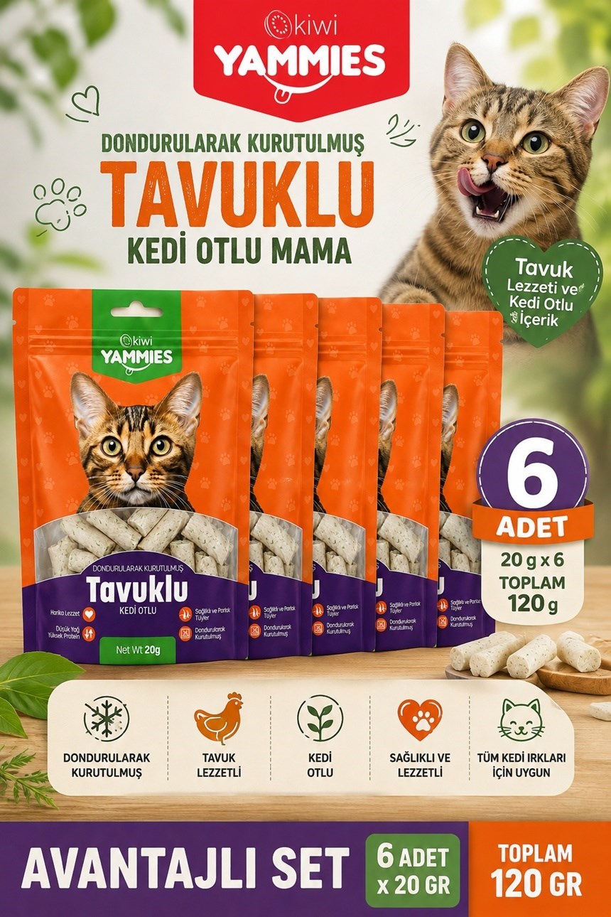 Kiwi Pets Kyct-50355 Yammies Dondurularak Kurutulmuş Tavuklu Kedi Otlu Mama 6*20 G