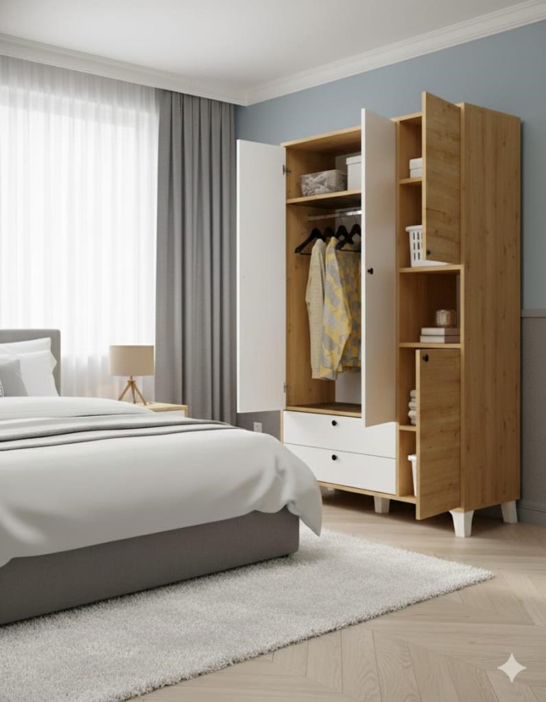 Kuzeylife 4 Kapaklı 6 Raflı Ekstra Derin Gardrop-52 cm Derinlik