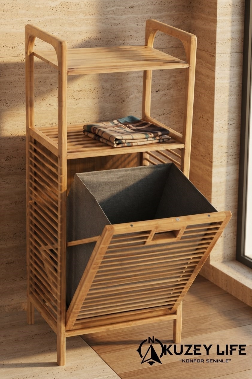 Kuzeylife Bambu Kirli Sepetli 2 Raflı Çok Amaçlı Banyo Düzenleyici