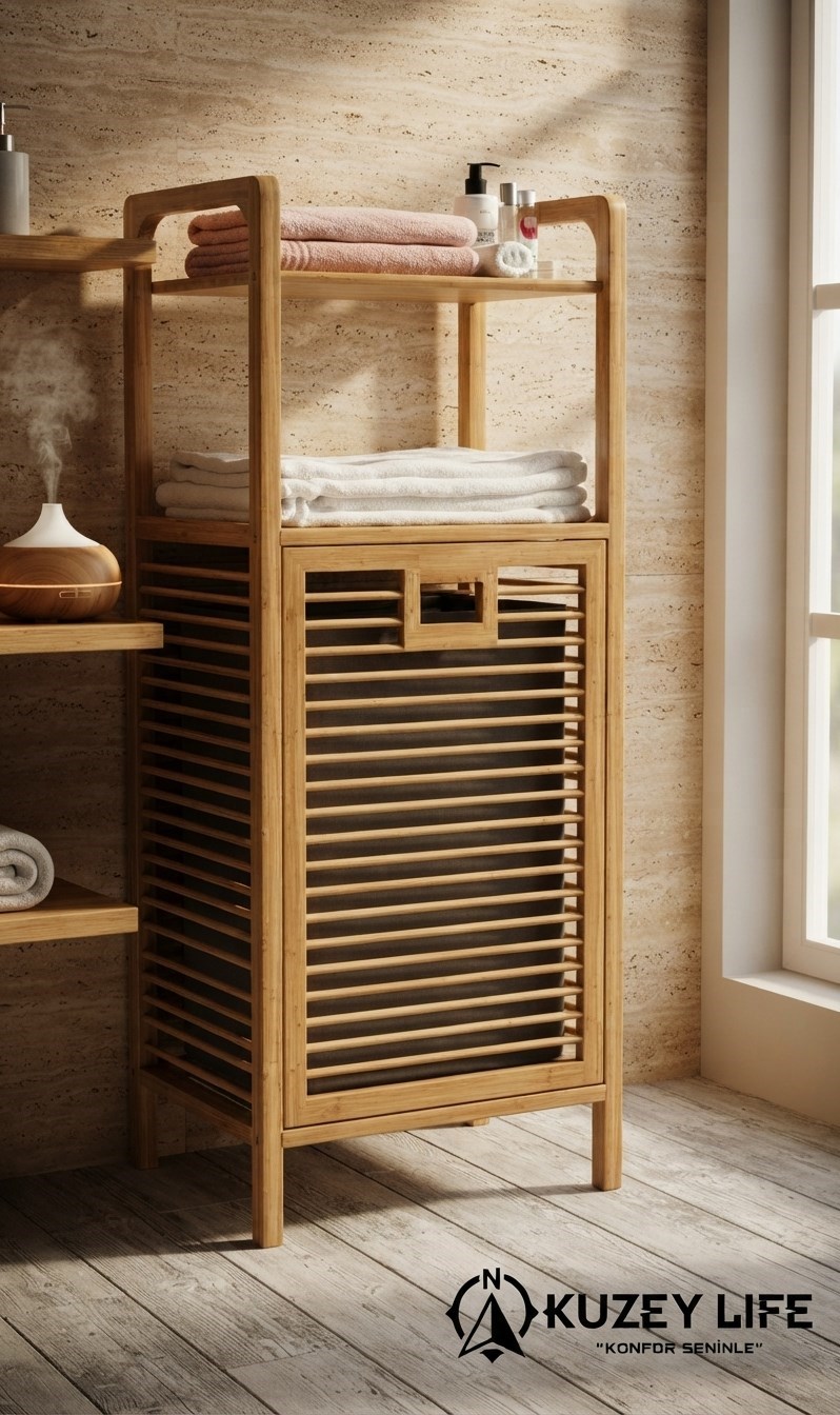 Kuzeylife Bambu Kirli Sepetli 2 Raflı Çok Amaçlı Banyo Düzenleyici