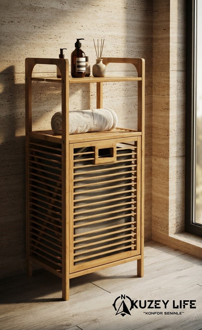 Kuzeylife Bambu Kirli Sepetli 2 Raflı Çok Amaçlı Banyo Düzenleyici
