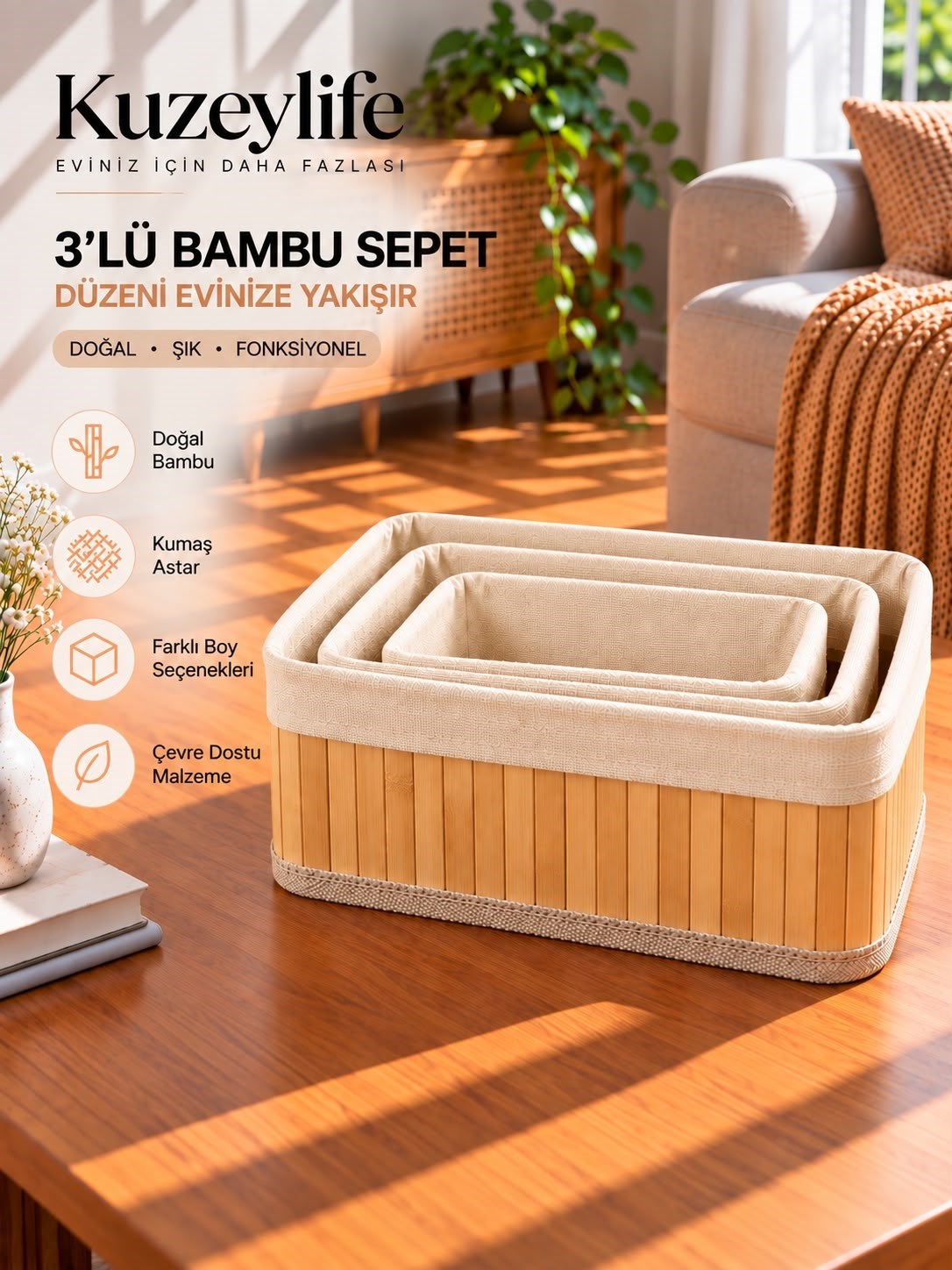 Kuzeylife Bambu Trio Dikdörtgen 3lü Sepet Seti
