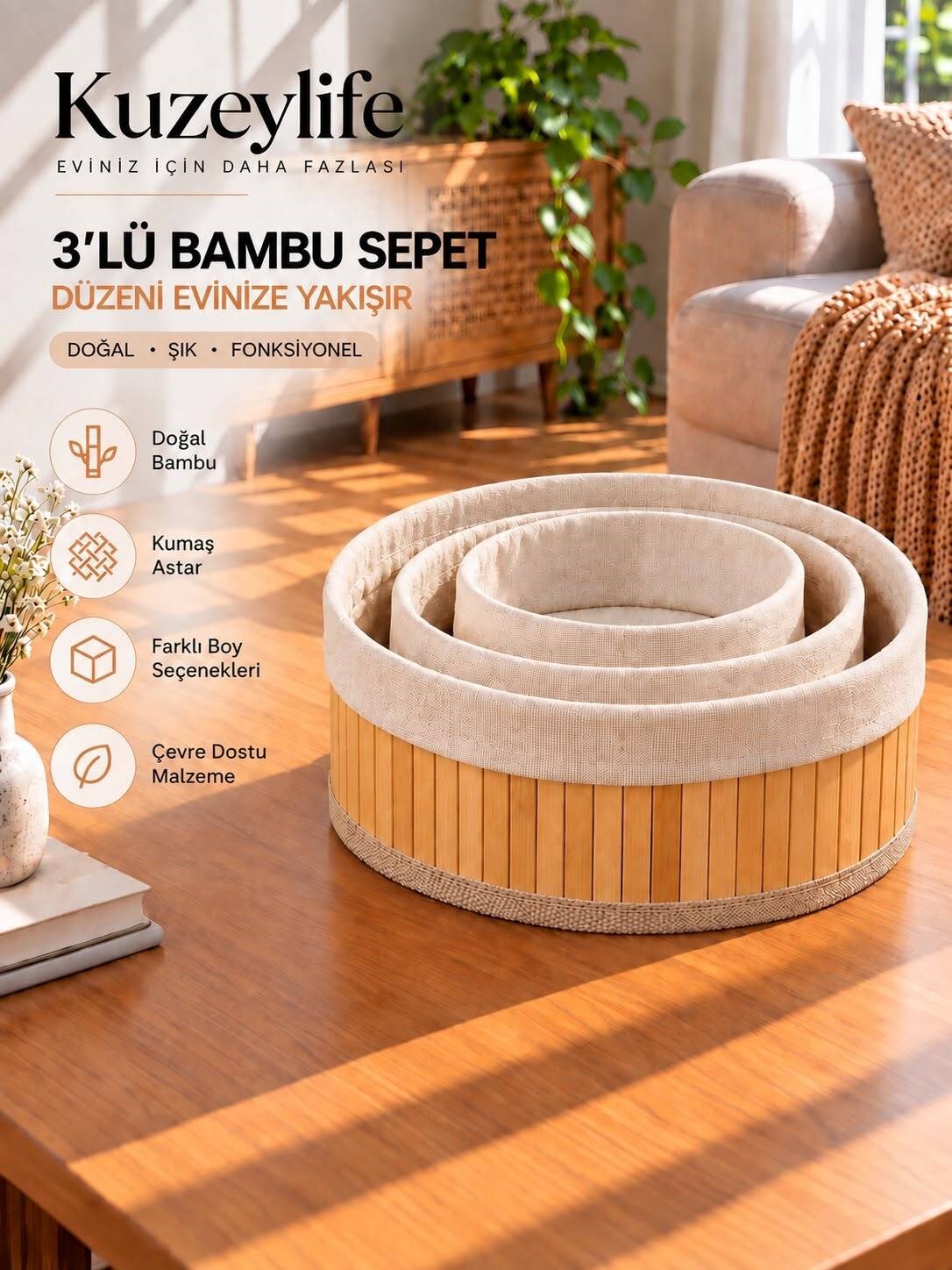 Kuzeylife Bambu Trio Yuvarlak 3lü Sepet Seti
