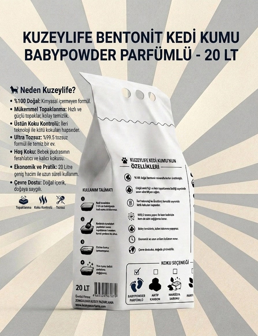 Kuzeylife Bentonit Kedi Kumu BabyPowder Parfümlü 20 Lt