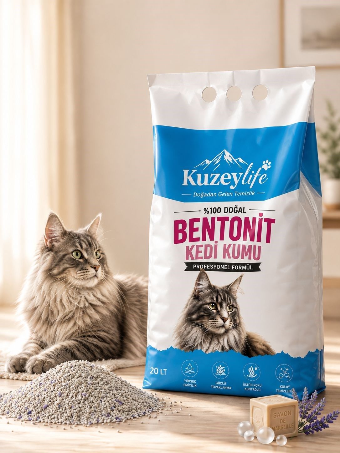Kuzeylife Bentonit Kedi Kumu Marsilya Sabunu 20 Lt