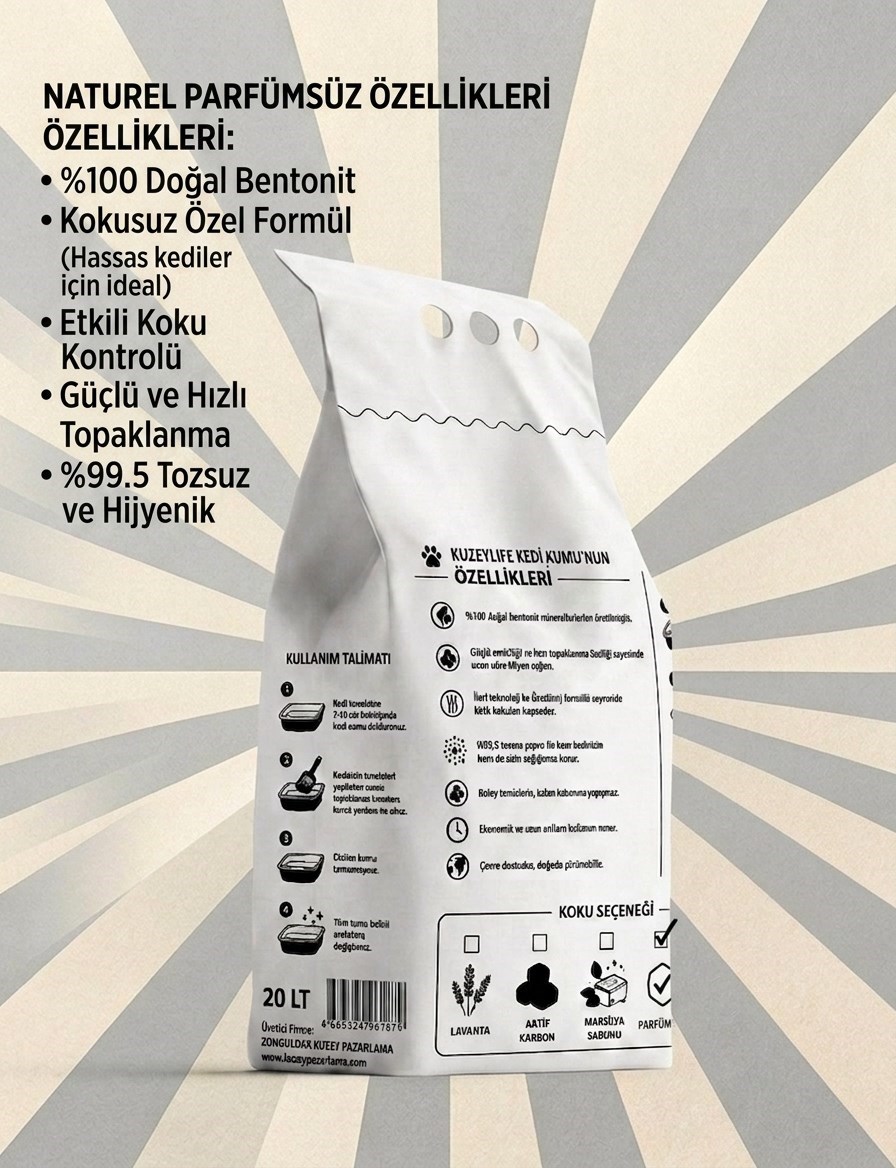 Kuzeylife Bentonit Kedi Kumu Naturel Parfümsüz 20 Lt