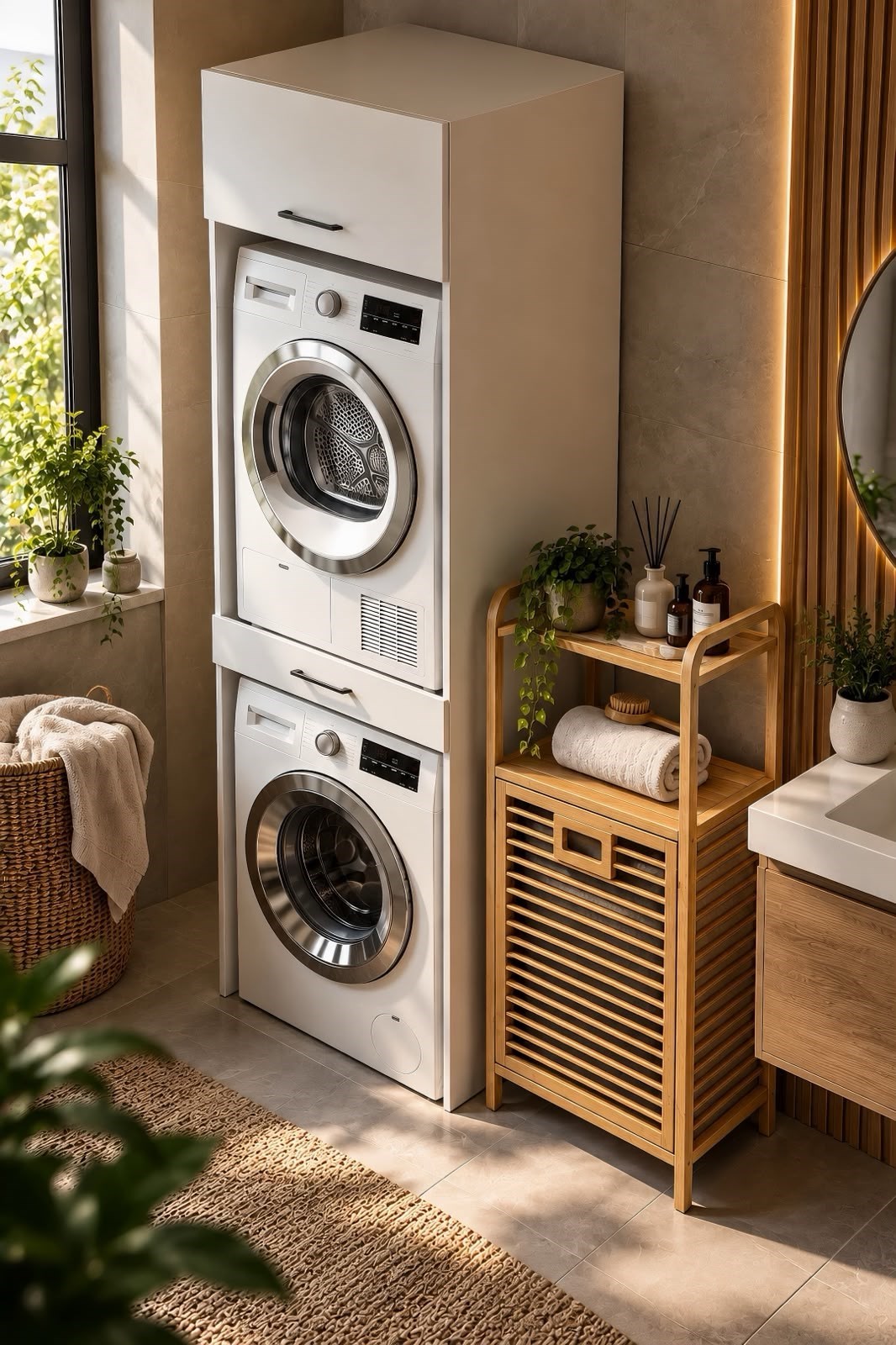 Kuzeylife Çamaşır Kurutma Makinesi Dolabı ve Bambu Kirli Sepetli Banyo Düzenleyici 2'li Set