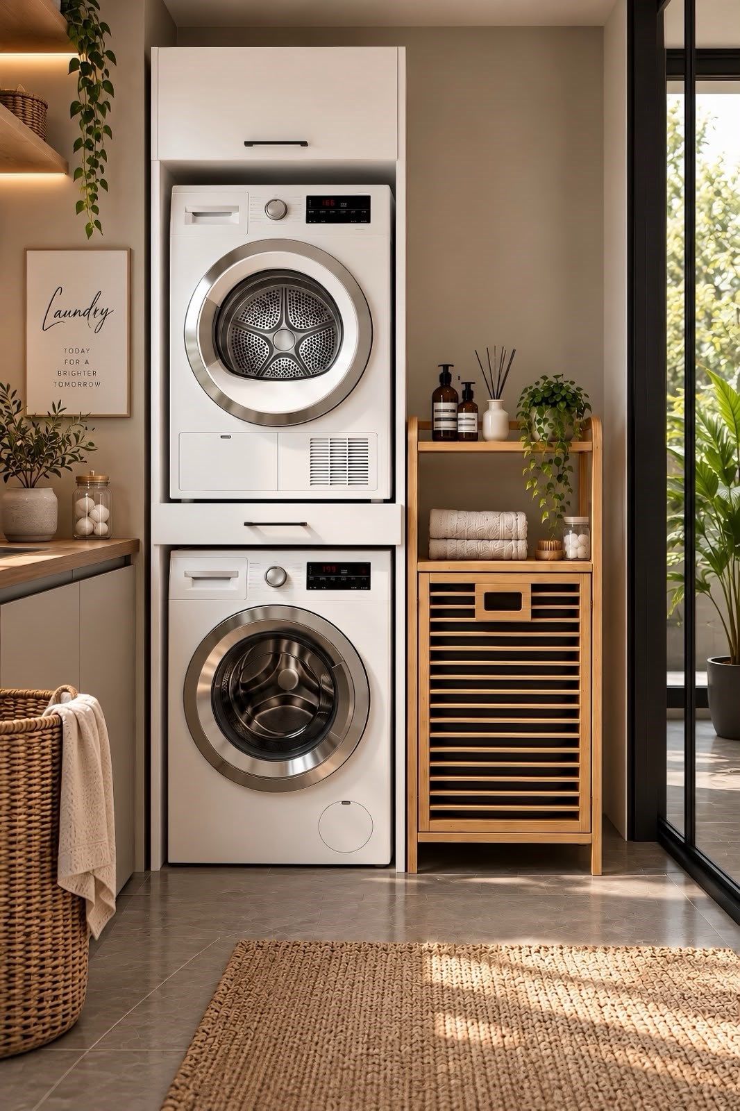 Kuzeylife Çamaşır Kurutma Makinesi Dolabı ve Bambu Kirli Sepetli Banyo Düzenleyici 2'li Set
