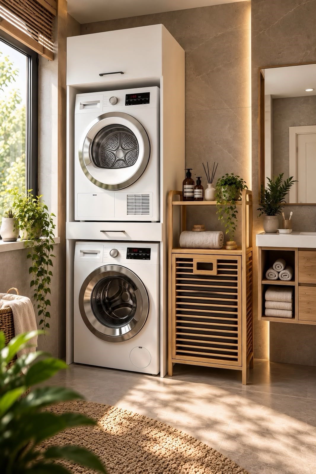 Kuzeylife Çamaşır Kurutma Makinesi Dolabı ve Bambu Kirli Sepetli Banyo Düzenleyici 2'li Set