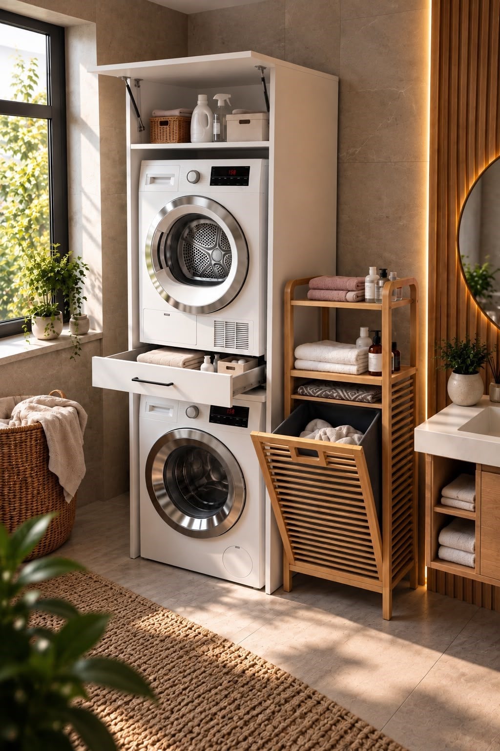 Kuzeylife Çamaşır Kurutma Makinesi Dolabı ve Bambu Kirli Sepetli Banyo Düzenleyici 2'li Set