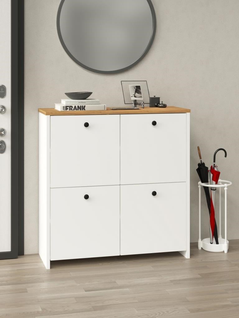 Kuzeylife Shiva Ayakkabılık  4 Kapaklı 4 Raflı Çok Amaçlı Dolap Beyaz-Safir Meşe
