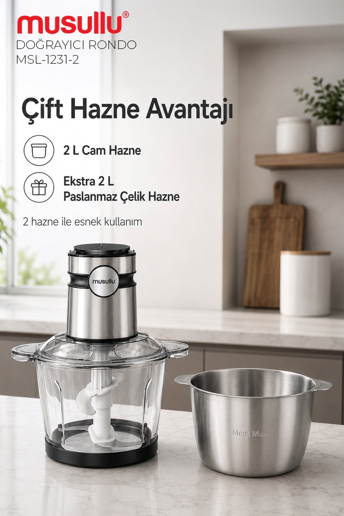 Musullu MSL-1231-2 Meat Max 2+2 Litre Geniş Hazneli Doğrayıcı Rondo