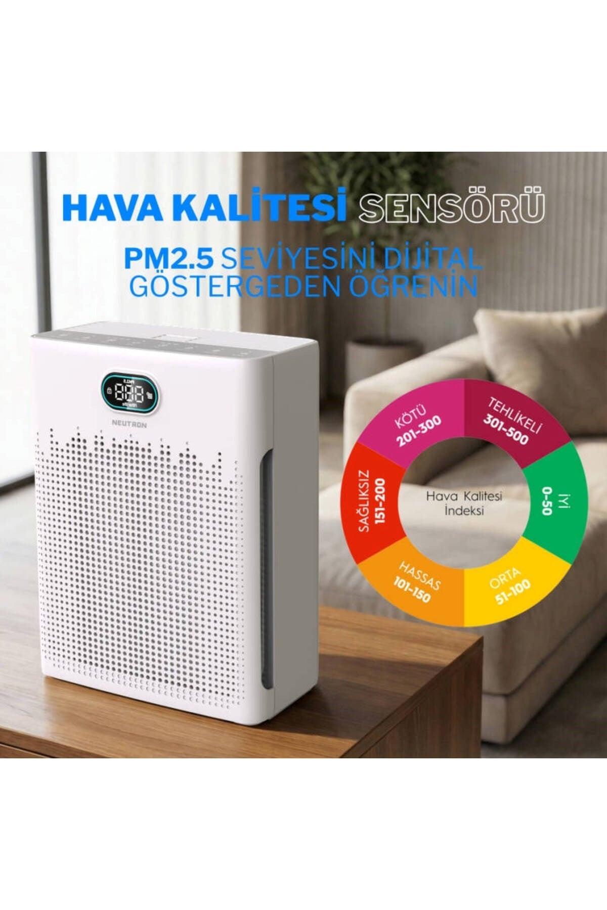 Neutron  Hepa 13 Filtreli Hava Temizleyici, 3 Katmanlı Filtre, Akıllı Hava Temizleme Cihazı