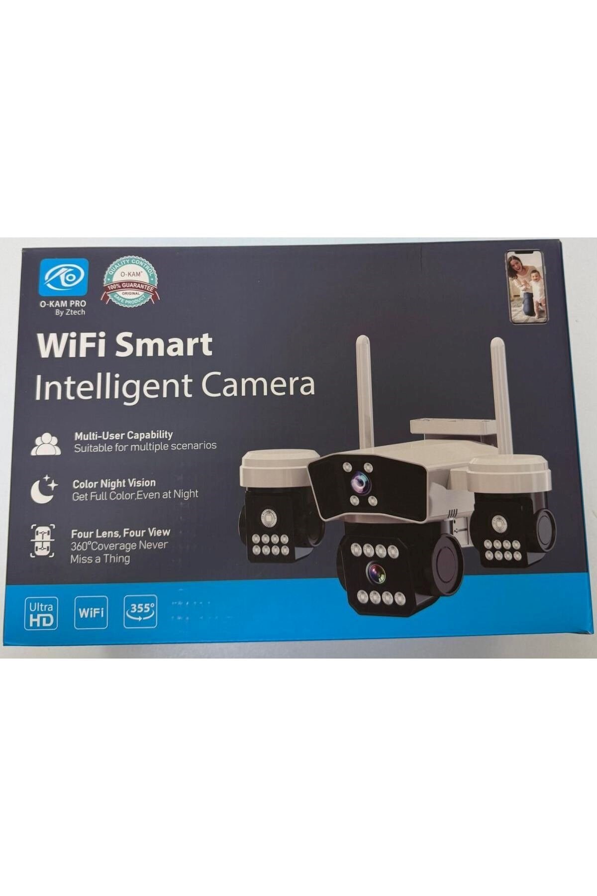 O-KAM OK-206W Wifi 12MP 4 Lens AOV Sirenli Gece Görüş Sesli Güvenlik Kamerası Kişi Takibi Adaptörlü