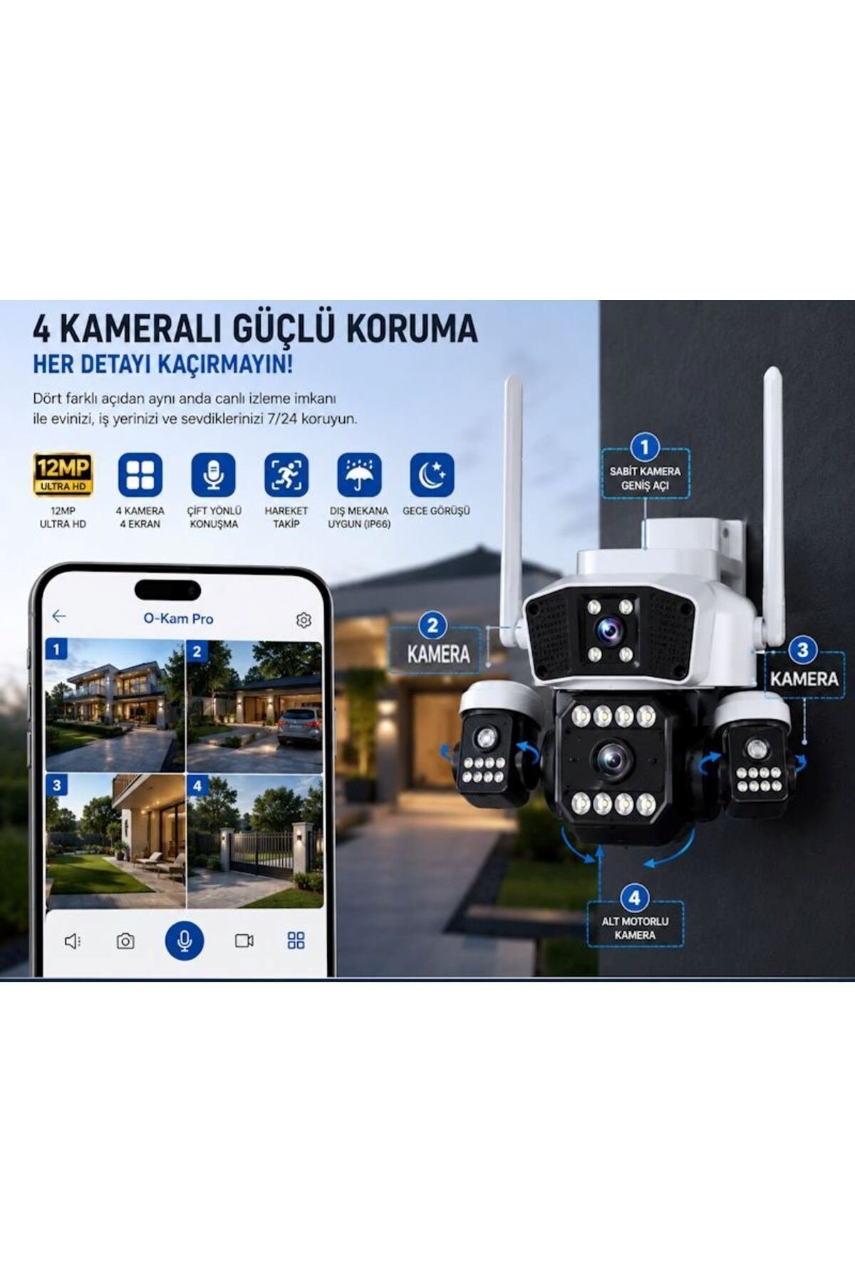 O-KAM OK-206W Wifi 12MP 4 Lens AOV Sirenli Gece Görüş Sesli Güvenlik Kamerası Kişi Takibi Adaptörlü
