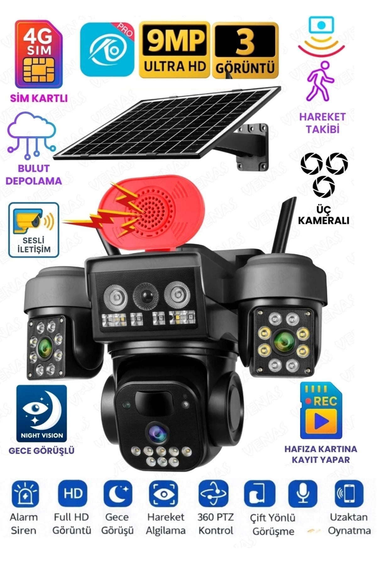 O-KAM OK8090 4G Simkartlı Solar 3 Lens 9MP Siren Mikrofon Hoparlör Yapay Zeka Güneş Panelli Kamera