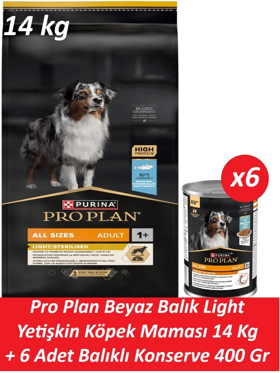 Pro Plan Beyaz Balık Light Yetişkin Köpek Maması 14 Kg + 6 Adet Balıklı Konserve 400 Gr
