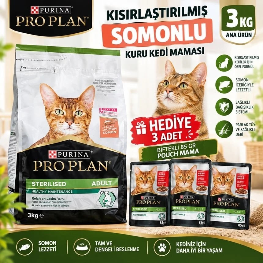 Pro Plan Kısırlaştırılmış Somonlu Kuru Kedi Mamasi 3 Kg+Hediyeli