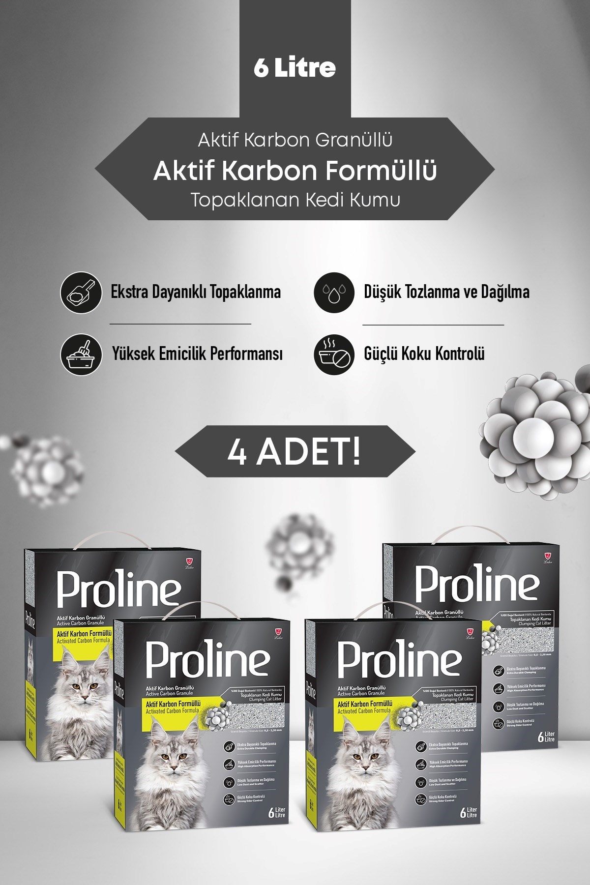 Proline Aktif Karbon Tanecikli Kedi Kumu 4X6lt.