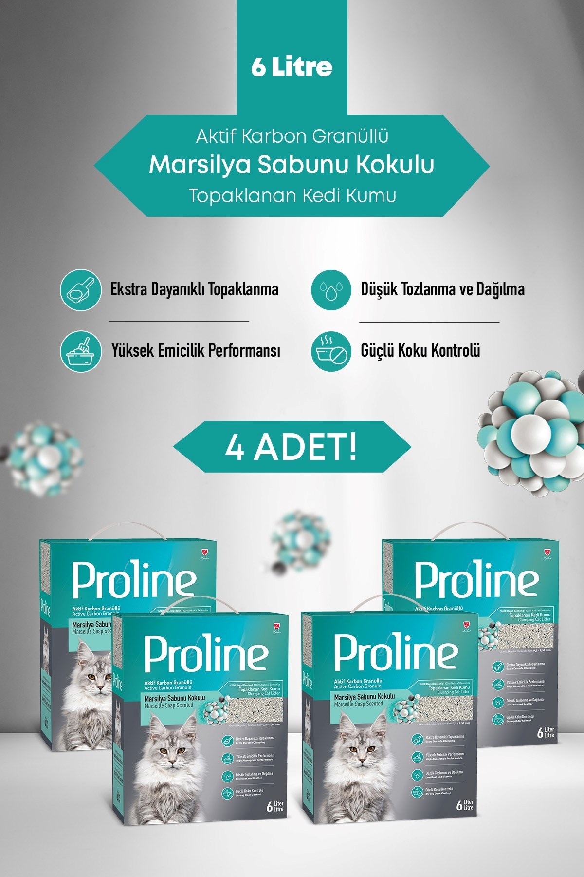 Proline Aktif Karbon Tanecikli Marsilya Sabunu Kokulu Kedi Kumu 4X6 lt
