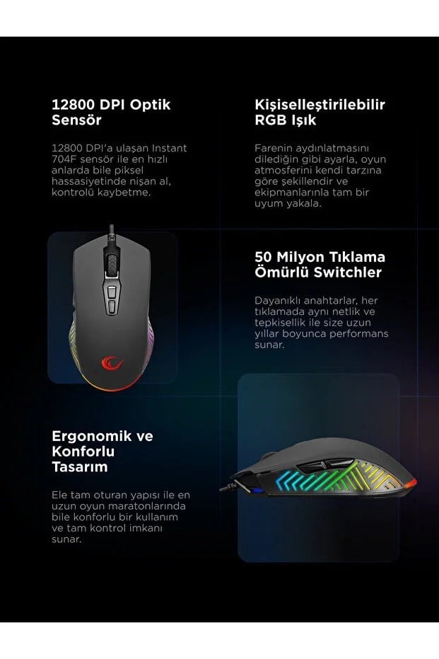 Rampage SMX-G68 SPEAR V2 FULL RGB 12800 DPI Siyah 7D Makrolu Gaming Oyuncu Mouse