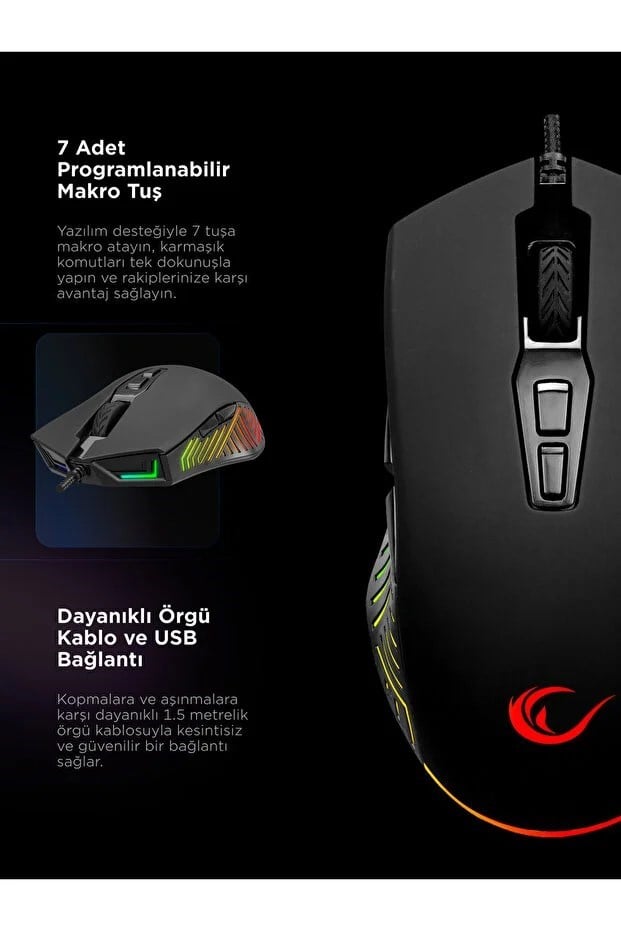 Rampage SMX-G68 SPEAR V2 FULL RGB 12800 DPI Siyah 7D Makrolu Gaming Oyuncu Mouse