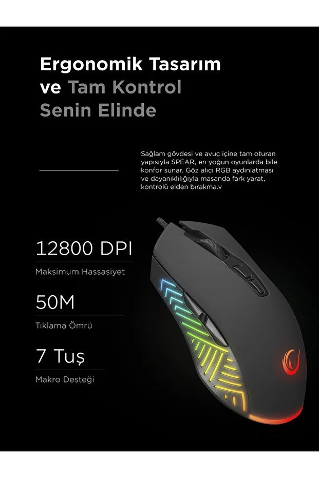 Rampage SMX-G68 SPEAR V2 FULL RGB 12800 DPI Siyah 7D Makrolu Gaming Oyuncu Mouse