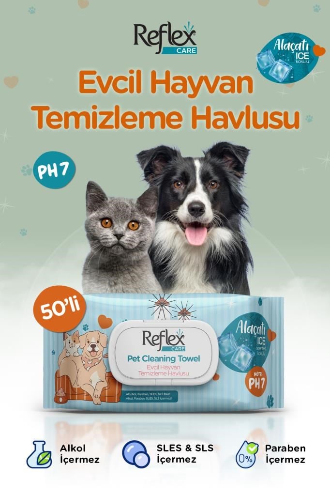 Reflex Care Evcil Hayvanlar için Çok Amaçlı Hijyenik Temizleme Mendili 50'li x 2 Adet - Alaçatı Ice Kokulu