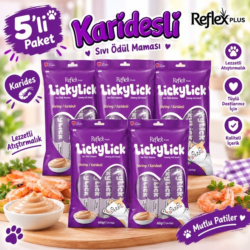 Reflex Plus LickyLick Karidesli Sıvı Ödül Maması  5li PAKET
