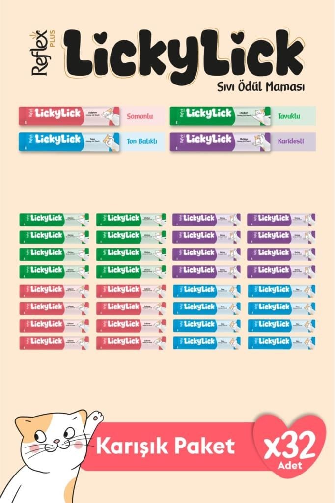 Reflex Plus LickyLick Sıvı Ödül Maması Karışık Paket 15g x 32 Adet